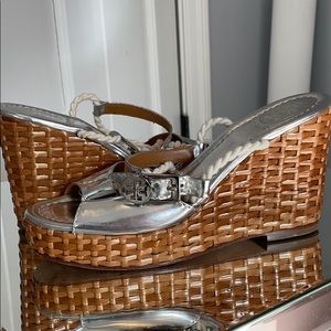 Tory Burch silver wedge, rope strap, woven shoe